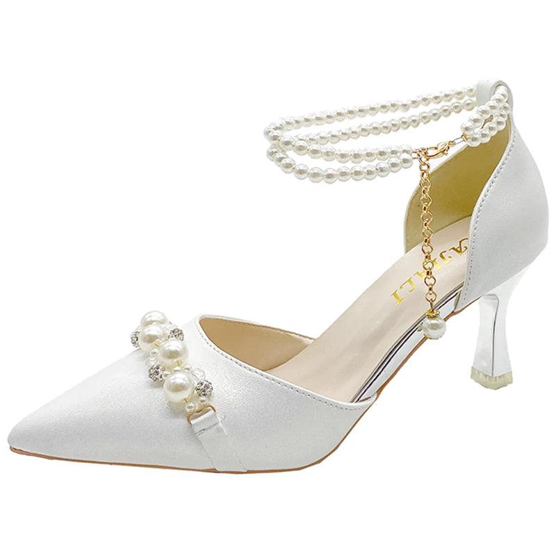 Elegant Pearl High Heels for Women - Crystal Ankle Strap Pumps - Dhavinci