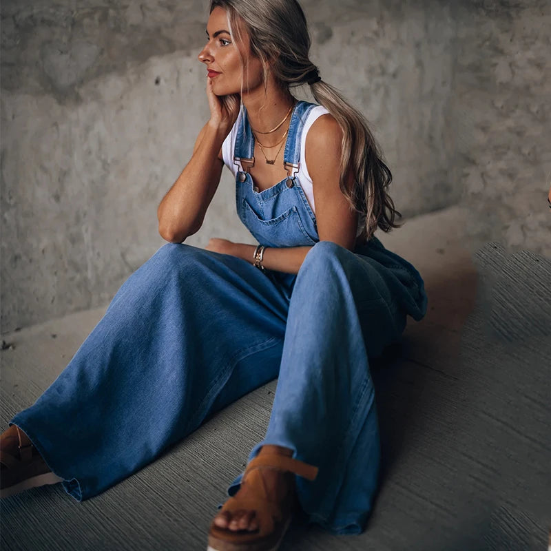 Summer Overalls For Women Blue Denim One-Piece Jumpsuits Loose Wide-Leg  With Pocket High-Waist Jumpsuits - Dhavinci