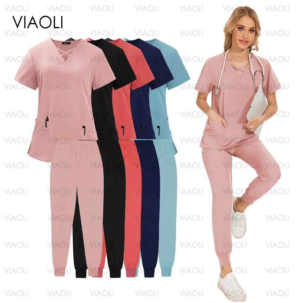 Nurse Uniforms Woman Short Sleeve V Neck Top Scrubs Jogger Pants Medical Scrubs Set Women Summer Casual Uniformes Clinicos Mujer - Dhavinci