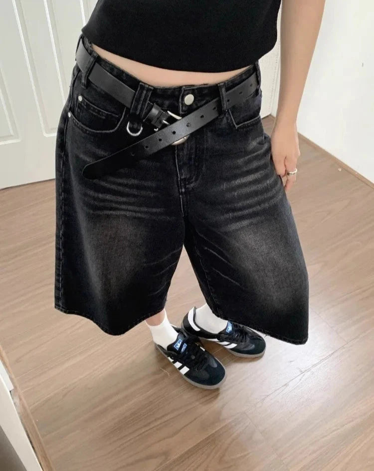 Harajuku Vintage High Waist Black Retro Washed Denim Shorts Women's Fashion Casual Loose Fit Y2K Streetwear Mid Long Short - Dhavinci