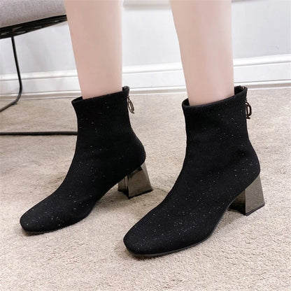 Elastic Sequined Sock Boots for Women - Metal Square Heel - Dhavinci