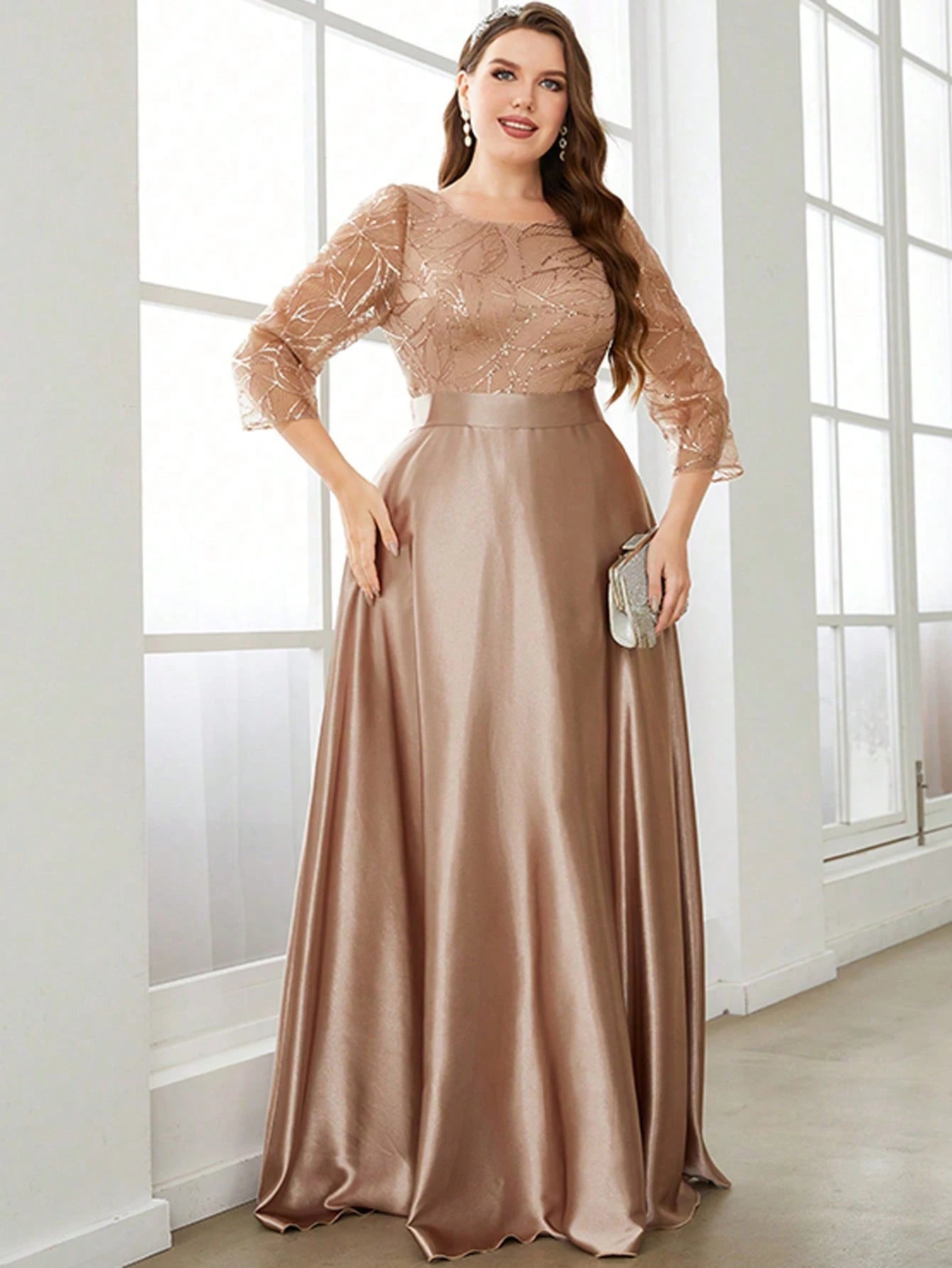 Mgiacy Crew neck long sleeve sequin patchwork satin long gown ball dress Party dress Bridesmaid dress - Dhavinci