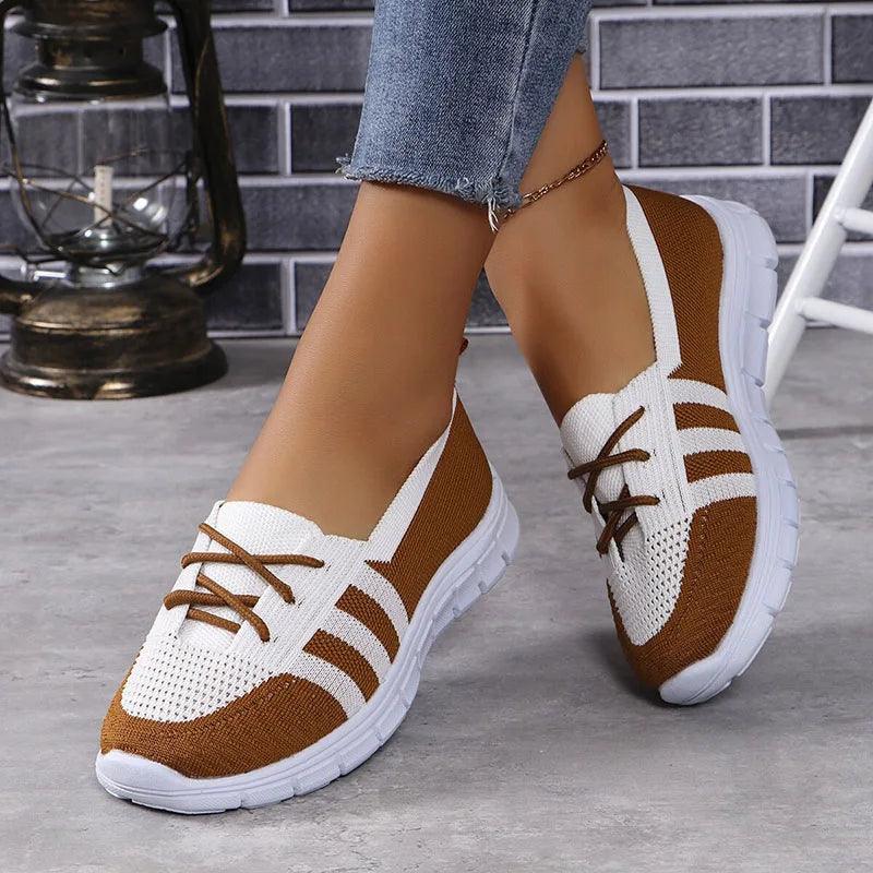 Mix Color Breathable Knitting Sneakers | Women's Fashion Casual Lace-Up Flats - Dhavinci