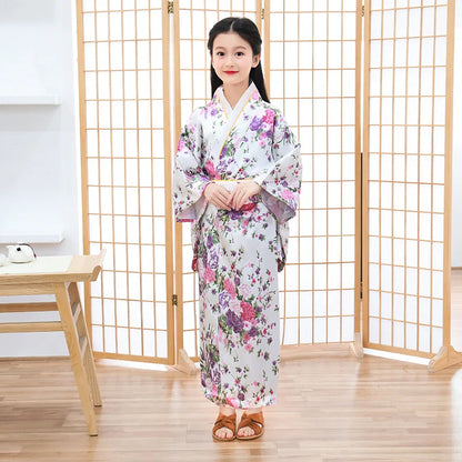 Classic Traditional Girls Kimono Gown Yukata with Obitage Japanese Bathrobe Print Flower Satin Cosplay Performance Clothing - Dhavinci