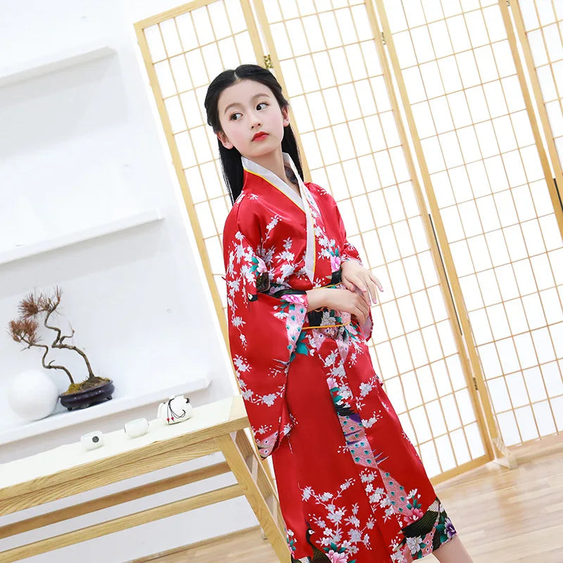 Classic Traditional Girls Kimono Gown Yukata with Obitage Japanese Bathrobe Print Flower Satin Cosplay Performance Clothing - Dhavinci