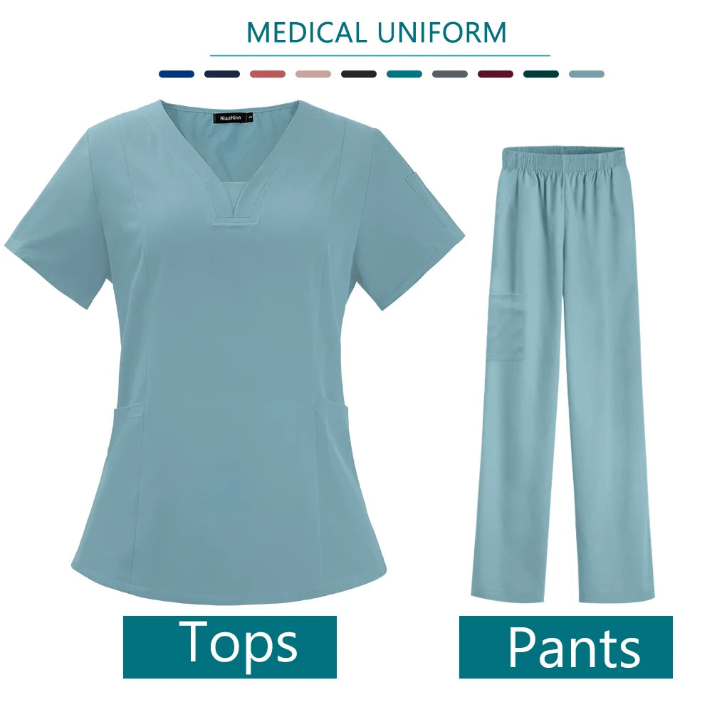 Nurse Medical Uniform High Quality Pet Grooming Care Workwear Set Scrubs Operating Room Surgical Gown Short Sleeve Elastic Pants - Dhavinci