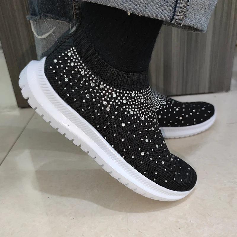 Shining Crystal Flats for Women | Breathable Knit Platform Sneakers - Dhavinci