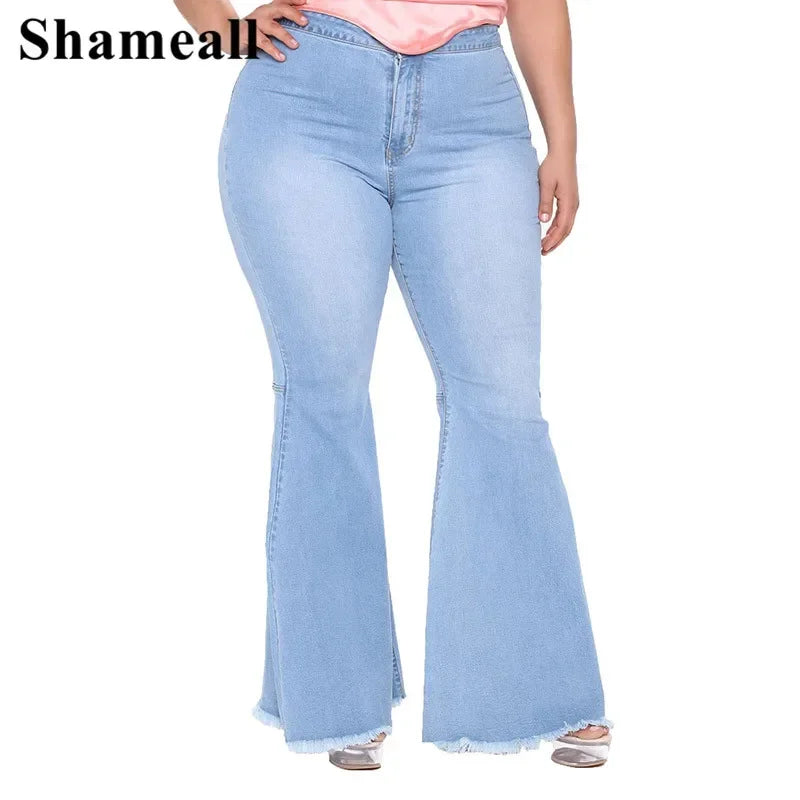 Plus Size High Waist Spliced Flared Jeans Mom 4XL Women Comfortable Elastic Tight Fringe Hem Wide Leg Trousers Women Bell Bottom - Dhavinci