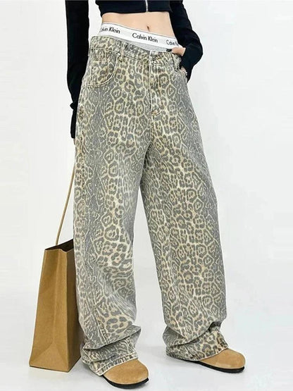 Tan Leopard Print Jeans for Women | Oversized Wide Leg Streetwear Denim - Dhavinci