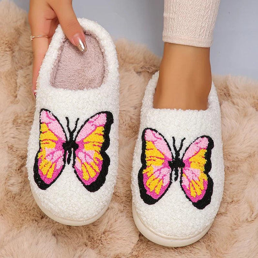 Pink Butterfly Winter Slippers for Women | Warm Plush Non-Slip Slides - Dhavinci