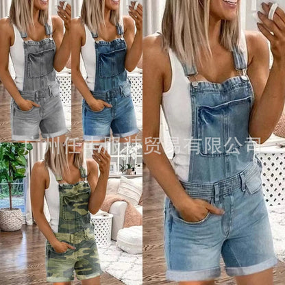 Women Rompers Jeans Jumpsuits One Piece Overalls Washing Denim Shorts Button Loose Casual Pockets Knee Length 2024 Summer - Dhavinci