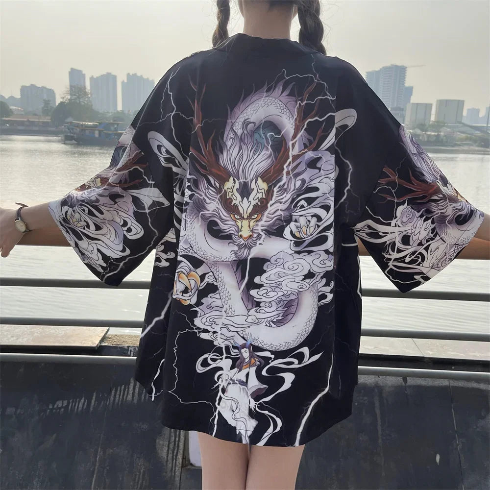 Bebovizi Japanese Style Flaming Phenix Print Cardigan Kimono Harajuku Women Men Sexy Yukata Female Streetwear Traditional Haori - Dhavinci