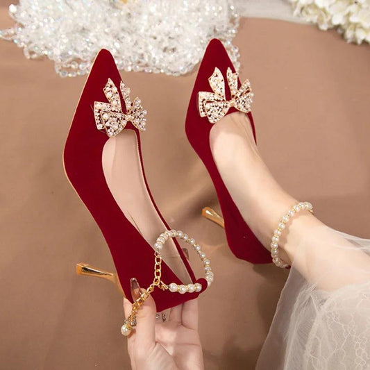 Red Pearl Bow Wedding Shoes - Thin Heel Ankle Strap Pumps - Dhavinci