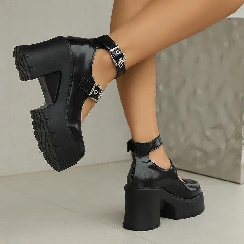 Punk Gothic Thick Heel Pumps for Women | Ankle Buckle Platform Shoes - Dhavinci