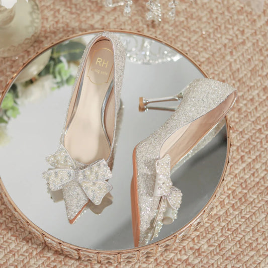 Luxury Crystal Bridal Heels – Shiny Pearl Bow Wedding Shoes - Dhavinci