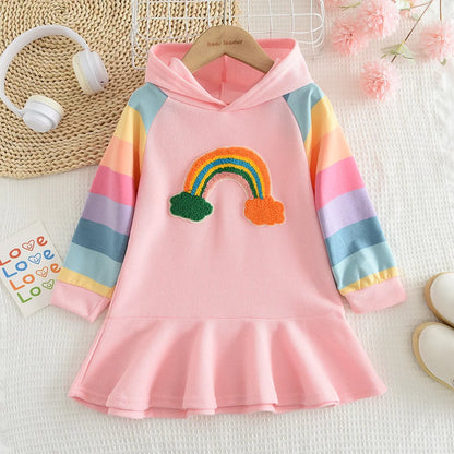 Girls Rainbow Striped Princess Dress | Autumn Long Sleeve Kids Dress