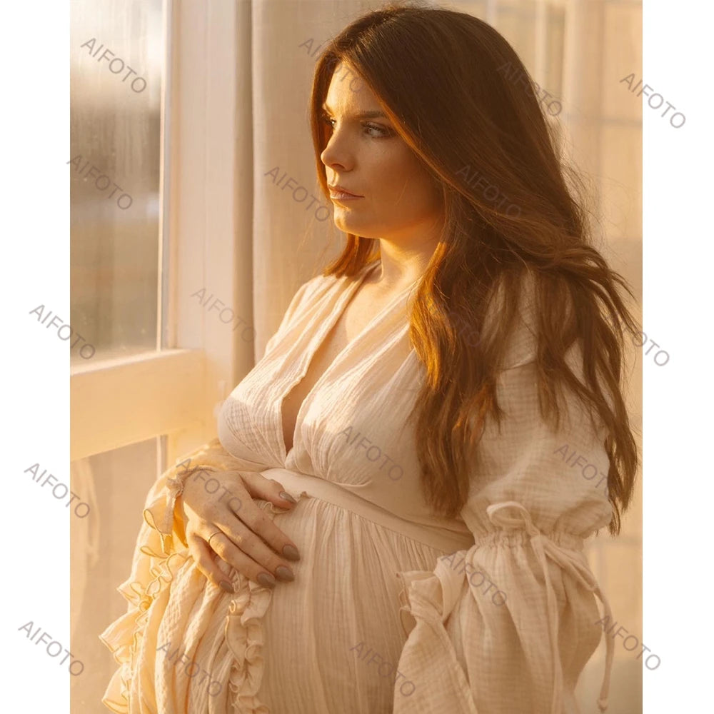 Maternity Photography Gown Linen Cotton Bohemian Ruffled Butterfly Dew Back Dress Pregnant Women Dresses For Photo Shooting - Dhavinci