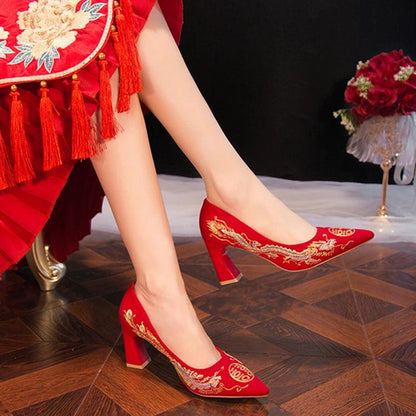 Red Embroidered Bridal Shoes - Elegant Chinese Style High Heels - Dhavinci