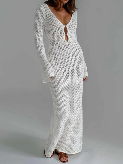 Sexy Women White Long Knit Sleeve Bikin Fashion Cover up Female See-Through Deep V-Neck Hollow-Out Beach Knitwear Backless Dress - Dhavinci