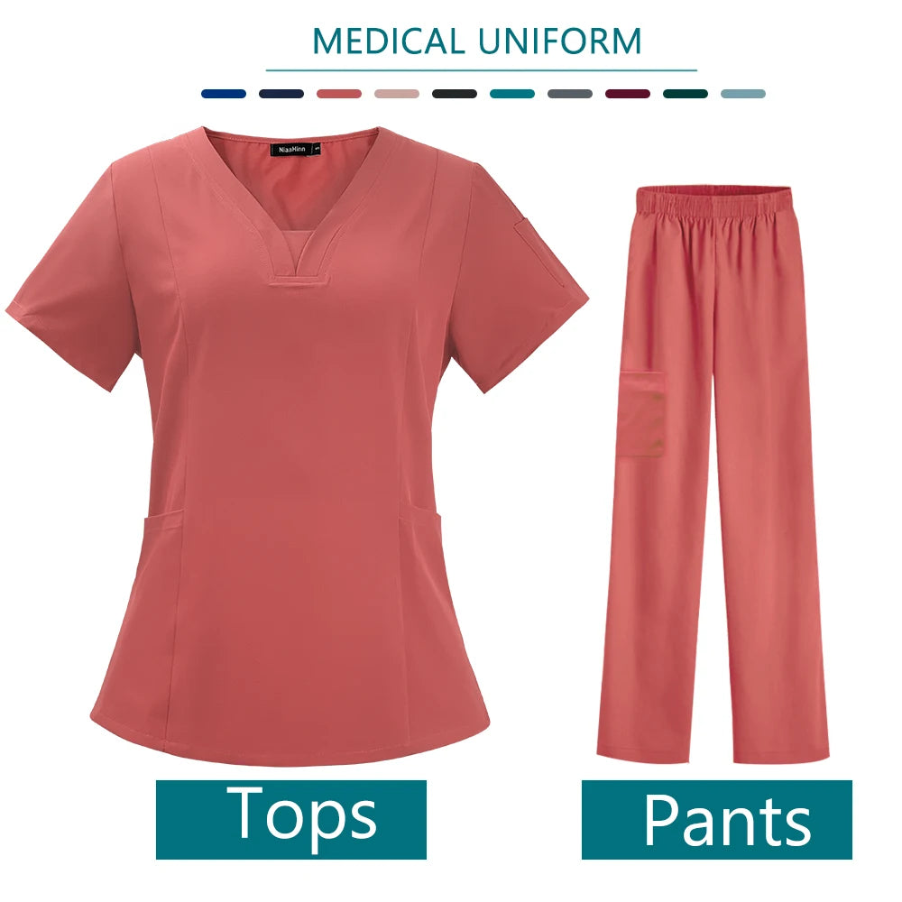 Nurse Medical Uniform High Quality Pet Grooming Care Workwear Set Scrubs Operating Room Surgical Gown Short Sleeve Elastic Pants - Dhavinci