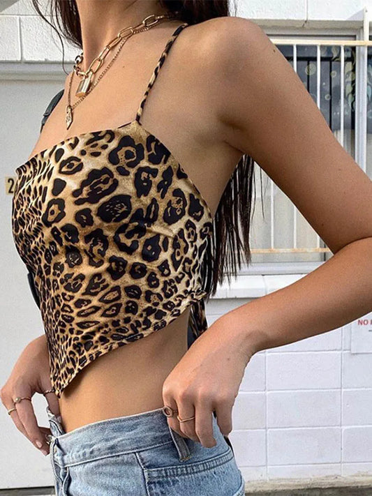 Leopard Pattern Women Tank Tops Backless Sexy Rave Outfits Sleeveless Cross Lace Up Bralette Crop Top Summer Streetwear - Dhavinci