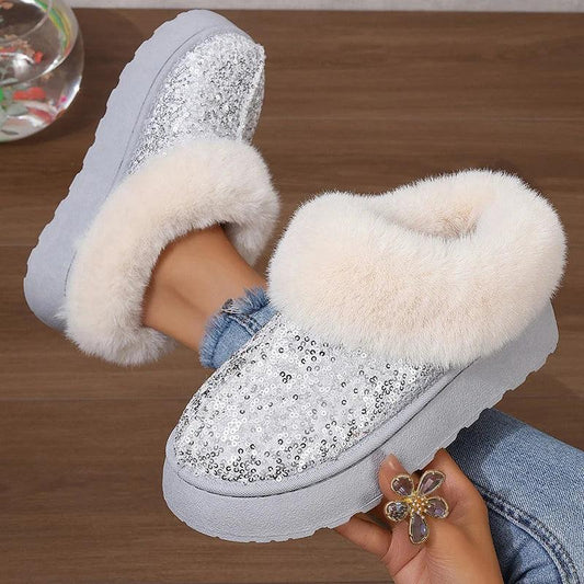 Bling Sequin Plush Snow Boots for Women | Faux Fur Warm Winter Ankle Boots - Dhavinci