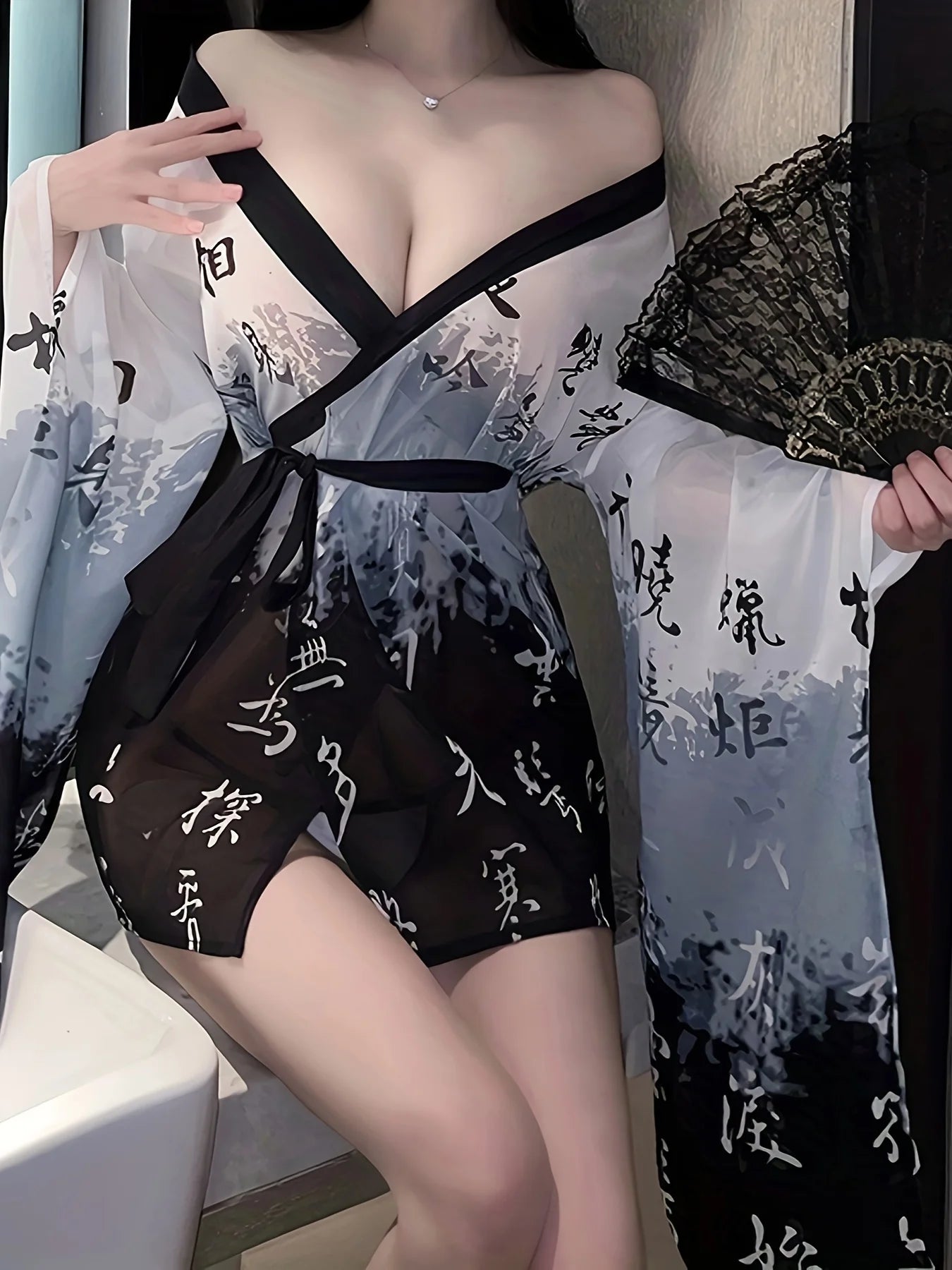 Japanese Kimono Women Sexy Lingerie Cosplay Pajamas See Through Mesh Nightgown Perspective Sleep Robe with Belt Nightwear - Dhavinci