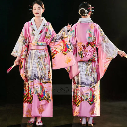 Japanese Traditional Kimono with Obi Yukata Print Flower Pajamas Women Silk Oversized Bathrobe Dress Vintage Stage Show Costume - Dhavinci