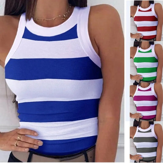 Summer Elastic Tank Top for Women | Stripe Print Racerback T-Shirt - Dhavinci