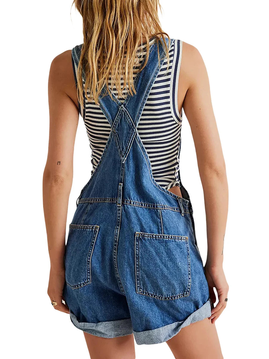 Summer Women Denim Overalls Adjustable Straps Romper Shorts y2k Style Casual Rolled Cuff Shortalls with Pockets Streetwear - Dhavinci