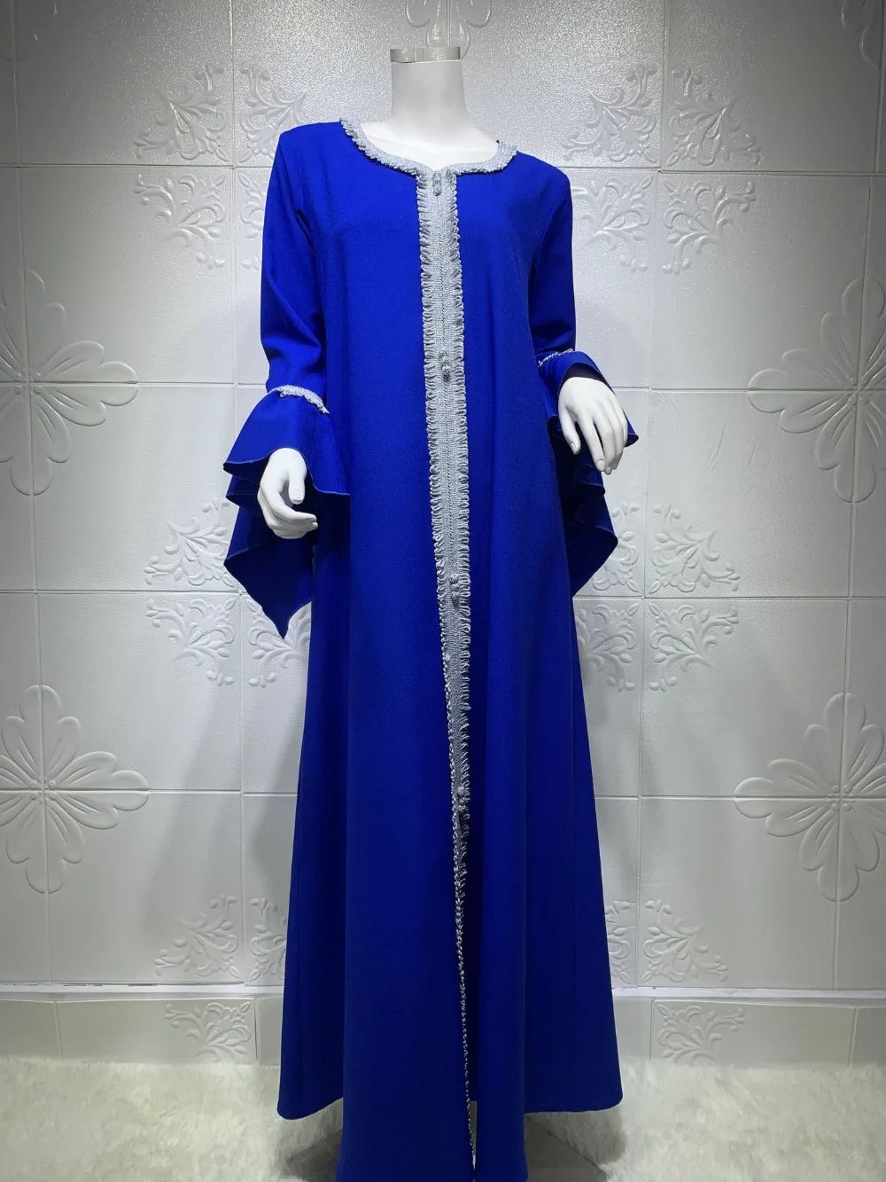 Modest Autumn Muslim Dress | Embroidered Abaya with Ruffles Sleeve - Dhavinci