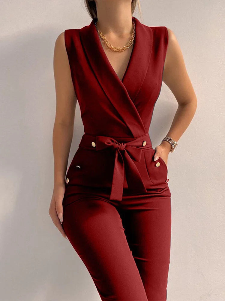 Casual V-Neck Jumpsuit for Women | Sleeveless, Lace-Up, Wide Leg - Dhavinci