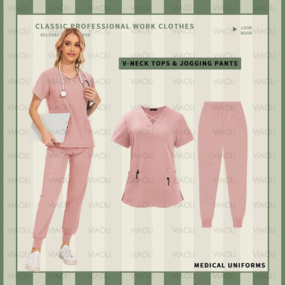 Nurse Uniforms Woman Short Sleeve V Neck Top Scrubs Jogger Pants Medical Scrubs Set Women Summer Casual Uniformes Clinicos Mujer - Dhavinci