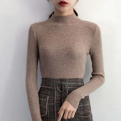 Autumn Winter Mock Neck Sweater | Vintage Solid Knit Pullover for Women - Dhavinci