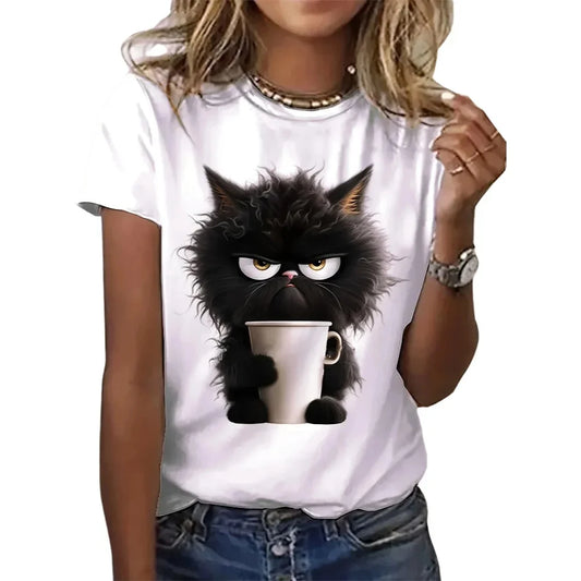 Funny Cat Print T-Shirt for Women | Casual Summer O-Neck Top - Dhavinci