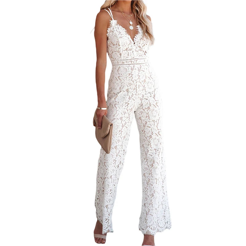 Elegant Ladies Jumpsuit | V-Neck, Lace Embroidered, Wide Leg - Dhavinci