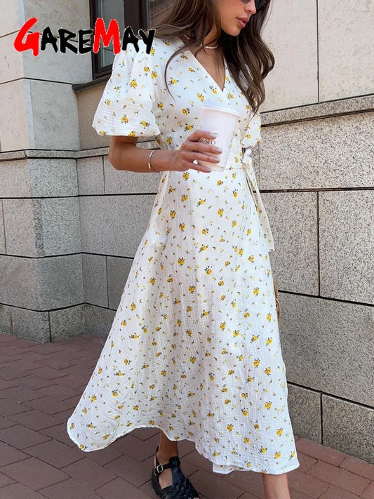 Casual Women's Summer Dresses 100% Cotton Floral Print A-line Midi Dress with Side Slits Long Elegant White Dress for Women 2024 - Dhavinci