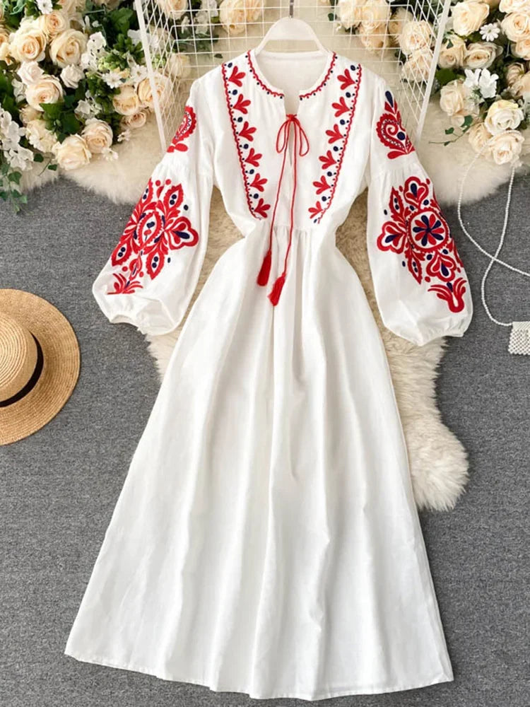 Women Autumn Dresses Bohemian Embroidered Flower O-Neck Lantern Sleeve High Waist Pleated Dress All-match Female Vestidos PL393 - Dhavinci