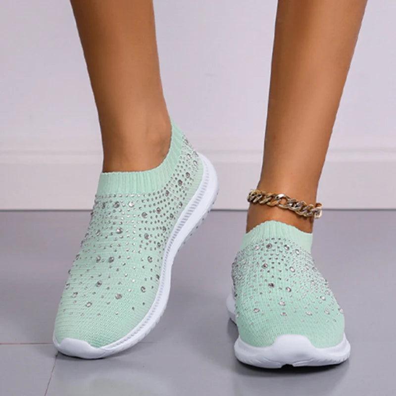 Shining Crystal Flats for Women | Breathable Knit Platform Sneakers - Dhavinci