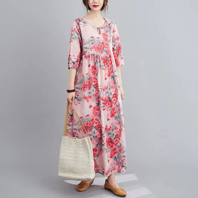 Elegant Comfortable Loose Streetwear Women Clothing Summer Dress for Women Fashion Casual Vintage Ethnic Style Clothes Print - Dhavinci