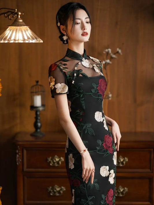 Black Lace Embroidered Flower Cheongsam Spring Summer New Retro Improved Young women's Clothing Women Elegant Daily Qipao - Dhavinci