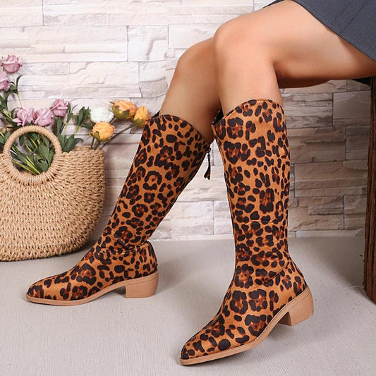 Leopard Western Knee-High Boots for Women | Pointed Toe & Back Zipper - Dhavinci