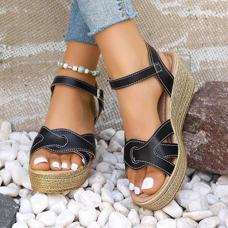 Fashion Weave Wedge Heel Sandals for Women | Leather Chunky Platform Shoes - Dhavinci