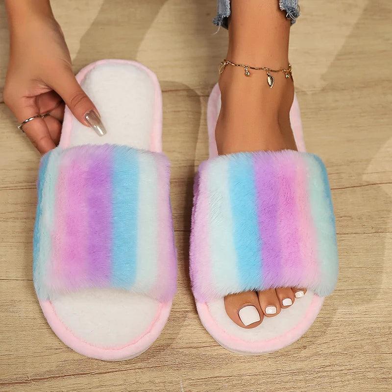 Mix Color Faux Fur Slippers for Women | Rainbow Plush House Shoes - Dhavinci