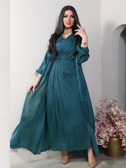 Morocco Party Dress 2 Piece Set | Silky Satin Eid Caftan Abaya - Dhavinci