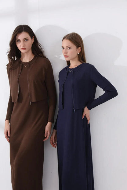 Women's Zipper Cardigan & Ankle Maxi Dress | Nature Fiber Ribbing Fabric - Dhavinci