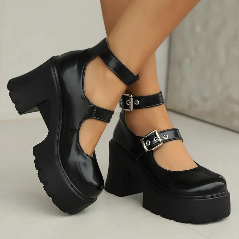 Punk Gothic Thick Heel Pumps for Women | Ankle Buckle Platform Shoes - Dhavinci