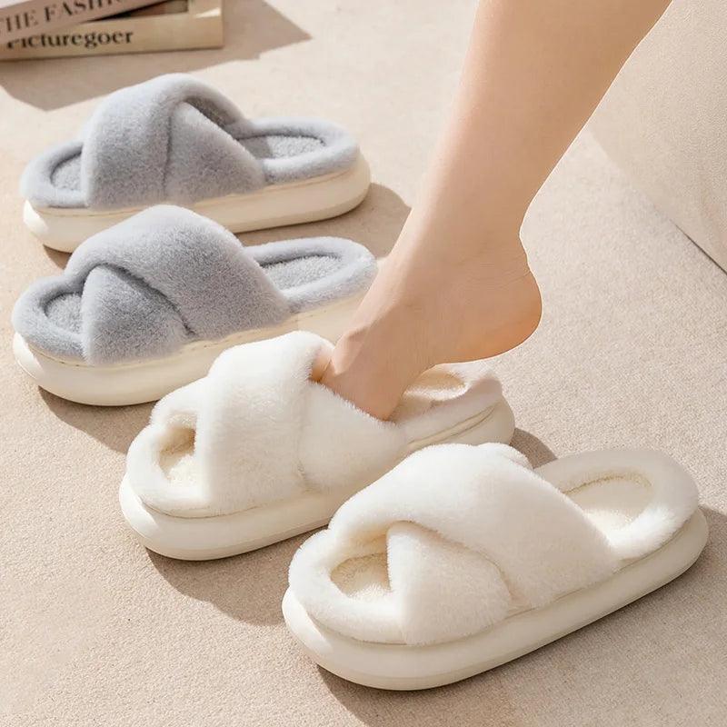 Thick Platform Fur Slippers for Women | Winter Plush Non-Slip Slides - Dhavinci