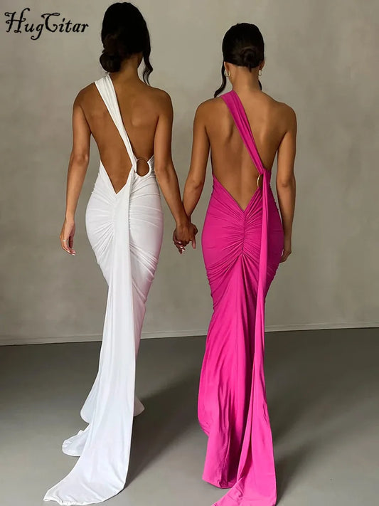 One-Shoulder Backless Ruched Maxi Dress | Sexy Y2K Festival Outfit - Dhavinci