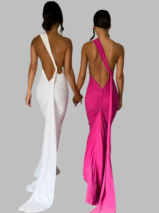 Hugcitar One Shoulder Backless Adjustable Scarf Loop Ruched Sexy Maxi Dress 2023 Women Elegant Y2K Streetwear Festival Outfit - Dhavinci